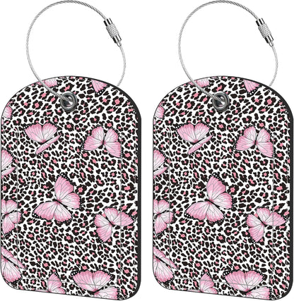 2 Pack Cute Luggage Tag for Suitcases Pink Butterfly and Leopard Leather Luggage Tags with Stainless Steel Loop Privacy Flap Name Tags,Men and Women Travel Bag Suitcase Tags