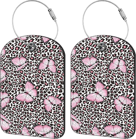 2 Pack Cute Luggage Tag for Suitcases Pink Butterfly and Leopard Leather Luggage Tags with Stainless Steel Loop Privacy Flap Name Tags,Men and Women Travel Bag Suitcase Tags