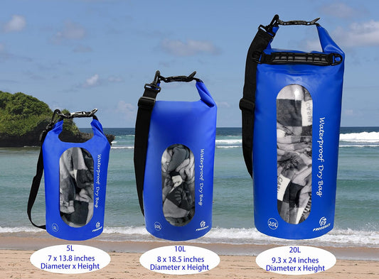 Freegrace Waterproof Dry Bags Set Of 3 Dry Bag With 2 Zip Lock Seals & Detachable Shoulder Strap, Waist Pouch & Phone Case - Can Be Submerged Into Water - For Swimming (Navy Blue(Window), 5L)