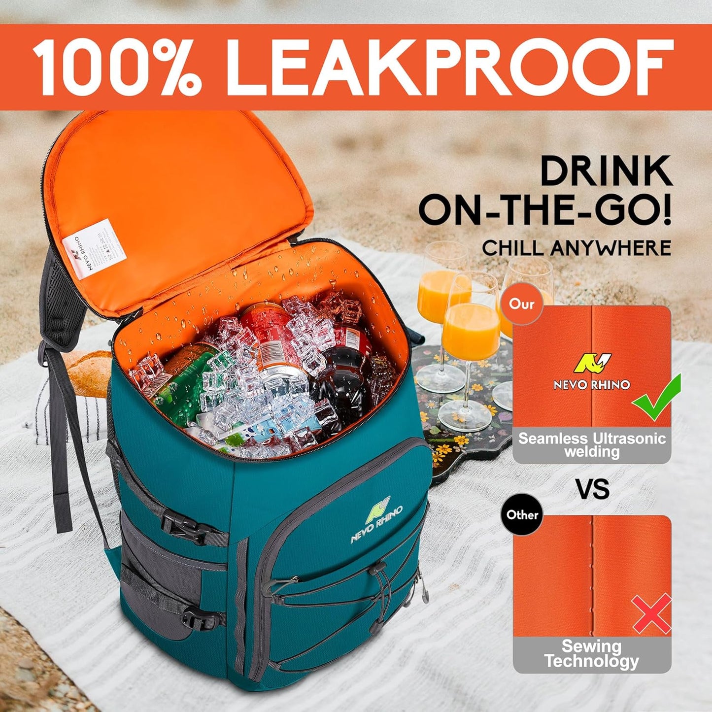 N NEVO RHINO Backpack Coolers Insulated Leak Proof 36/54 Cans,Portable Lightweight Waterproof Insulated Cooler Backpack for Men & Women Ideal for Camping,Travel,Beach,Picnics,Lunch & Day Trips