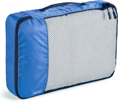 Amazon Basics Packing Cubes for Travel, Packing Organizers Set, 4-Piece-Set (Slim, Small, Medium, Large) With Double Zipper Pulls and Mesh Top Panel, 100% Durable Polyester, Blue