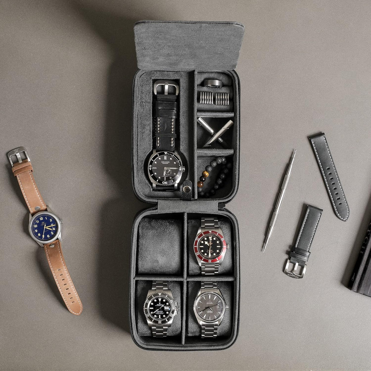 ROTHWELL 5 Watch Travel Case Storage Organizer for 5 Watches | Tough Portable Protection w/Zipper Fits All Wristwatches & Smart Watches Up to 50mm (Black/Grey)