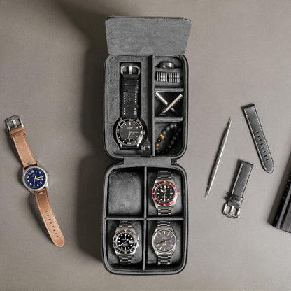 ROTHWELL 5 Watch Travel Case Storage Organizer for 5 Watches | Tough Portable Protection w/Zipper Fits All Wristwatches & Smart Watches Up to 50mm (Black/Grey)