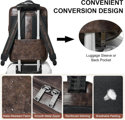 Vegan Leather Laptop Backpack for Women&Men,16 Inch Expandable Backpack with USB Charging Port,Two-toned Coffee