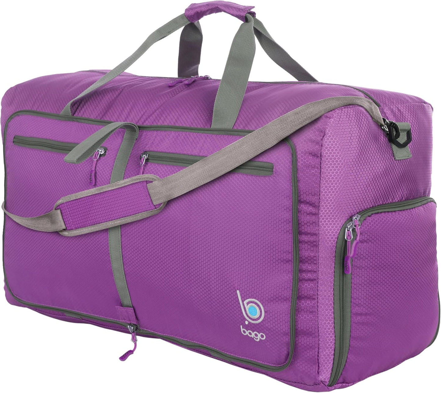 Bago Large Foldable Duffel Bags for Traveling Women & Men - 80L Packable Duffle Bag for Travel with Shoe Compartment - Water Repellant, Heavy Duty, Lightweight Folding & Collapsible (Purple)