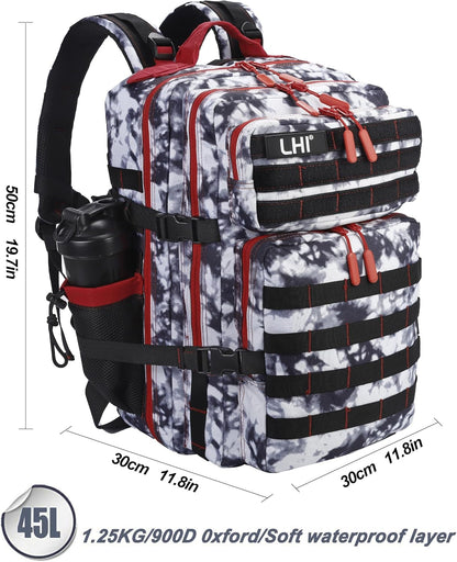 LHI Military Tactical Backpack for Men and Women 45L Army 3 Days Assault Pack Bag Large Rucksack with Molle System Black and white