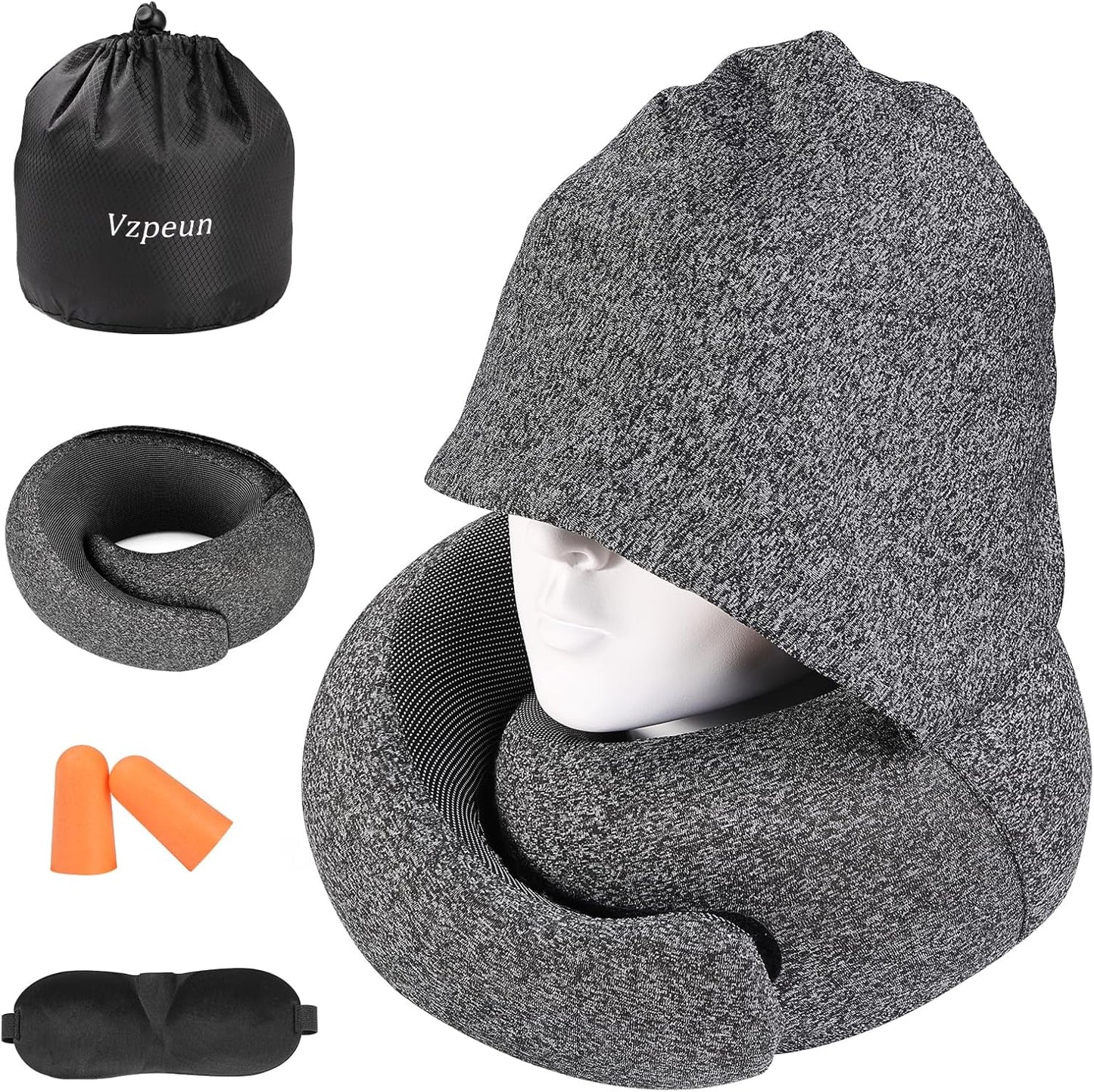 Travel Pillow - Hooded Neck Pillow Airplane Memory Foam Filling for Plane, Office, Cars Sleeping, Road Trip, Long Flights, Portable Plane Accessories, Includes Eye Mask & Earplugs (Dark Gray)