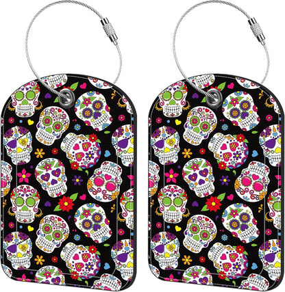 2 Pack Cute Luggage Tag for Suitcases Day of The Dead Sugar Skull Leather Luggage Tags with Stainless Steel Loop Privacy Flap Name Tags,Men and Women Travel Bag Suitcase Tags