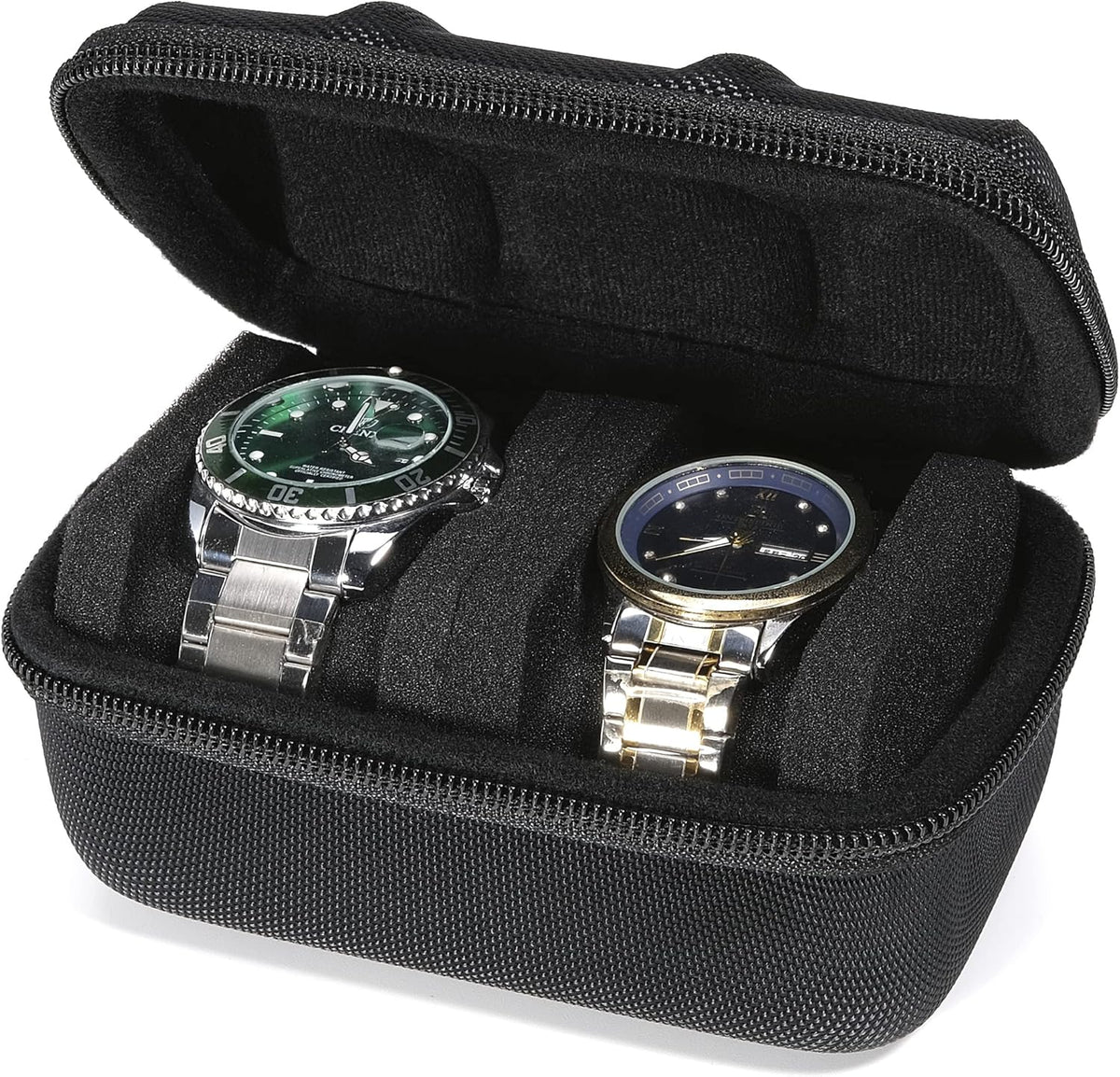 Hard single watch travel case, men's sports watch organizer box with flexible watch pillow (Black, 1 slot red lining)