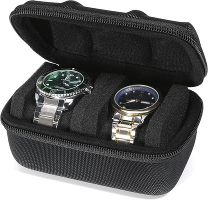 Hard single watch travel case, men's sports watch organizer box with flexible watch pillow (Black, 1 slot red lining)