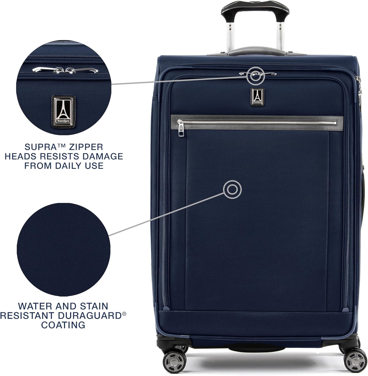 Travelpro Platinum Elite Softside Expandable Checked Luggage, 8 Wheel Spinner Large Suitcase, TSA Lock, Men and Women, Dark Blue, Checked Large 29-Inch