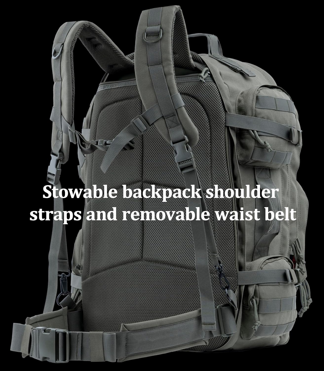 Large Tactical Backpack Bag with Stowable Shoulder Straps for Hiking, Camping, Traveling, Bug-Out 58L