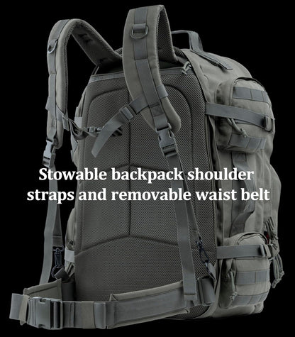 Large Tactical Backpack Bag with Stowable Shoulder Straps for Hiking, Camping, Traveling, Bug-Out 58L