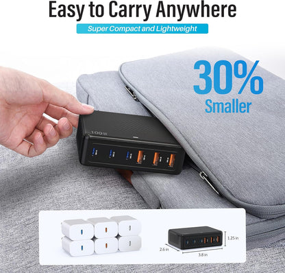 TT&C 100W USB-C Fast Charger, GaN III 6 Port PD+QC Multiport Charging Station Hub Block Cube, USB-C Wall Charger Power Strip Adapter Plug for iPhone 17,17 Air,16,15, Pro Max, Galaxy S25, S24-5ft Cord