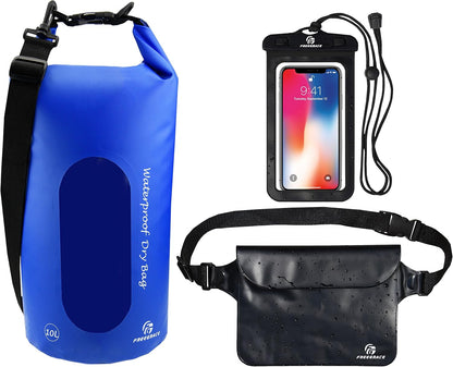 Freegrace Waterproof Dry Bags Set Of 3 Dry Bag With 2 Zip Lock Seals & Detachable Shoulder Strap, Waist Pouch & Phone Case - Can Be Submerged Into Water - For Swimming (Navy Blue(Window), 5L)