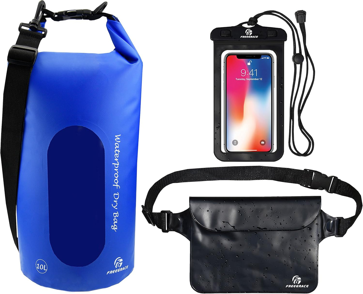 Freegrace Waterproof Dry Bags Set Of 3 Dry Bag With 2 Zip Lock Seals & Detachable Shoulder Strap, Waist Pouch & Phone Case - Can Be Submerged Into Water - For Swimming (Navy Blue(Window), 10L)