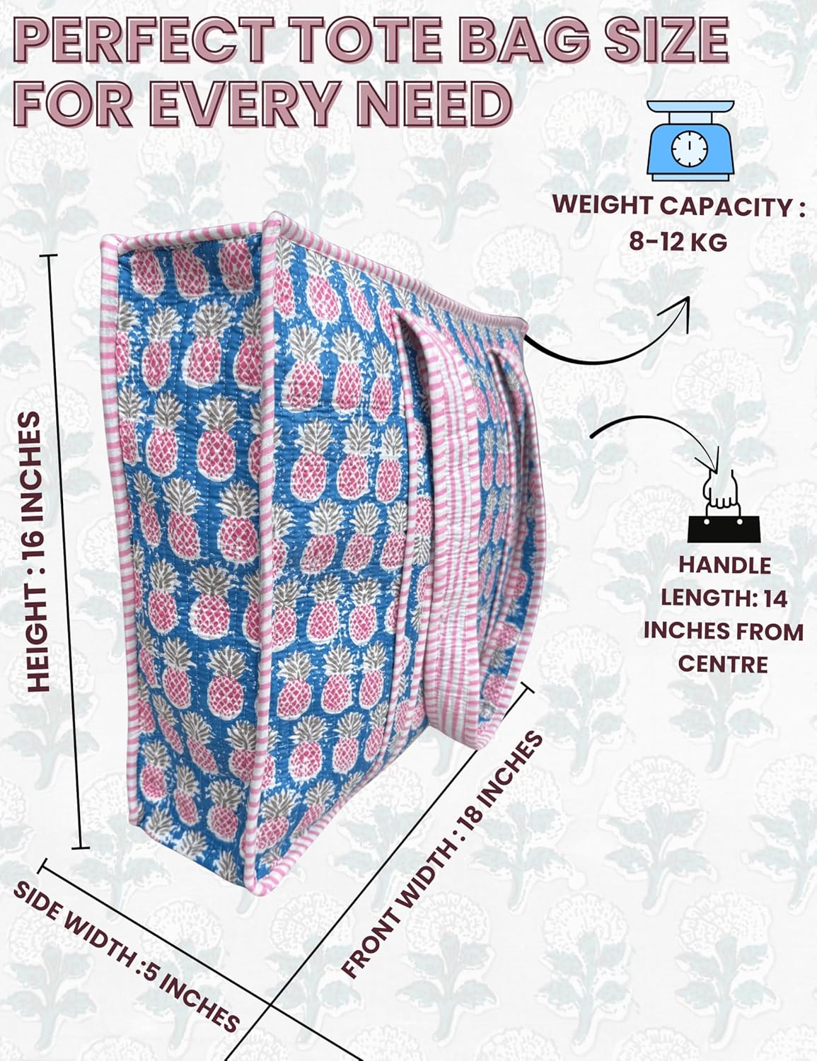 Cotton Quilted Tote Bag for Women – Large Beach & Travel Tote with Zipper, Reusable Grocery Bag