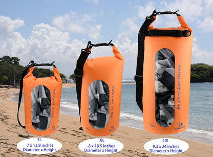 Freegrace Waterproof Dry Bags Set of 3 Dry Bag with 2 Zip Lock Seals & Detachable Shoulder Strap, Waist Pouch & Phone Case - Can Be Submerged Into Water - for Swimming (Orange(Window), 5L)