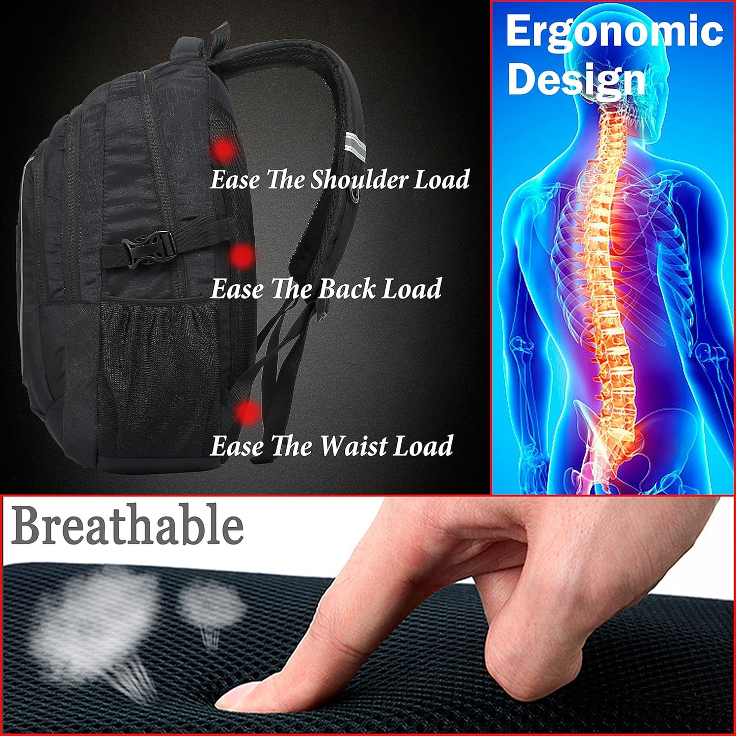 ProEtrade Backpack Bookbag for College Sturdy Travel Business Hiking Fit Laptop Up to 15.6 Inch Multi Compartment Gifts for Men Women Night Light Reflective (Black)