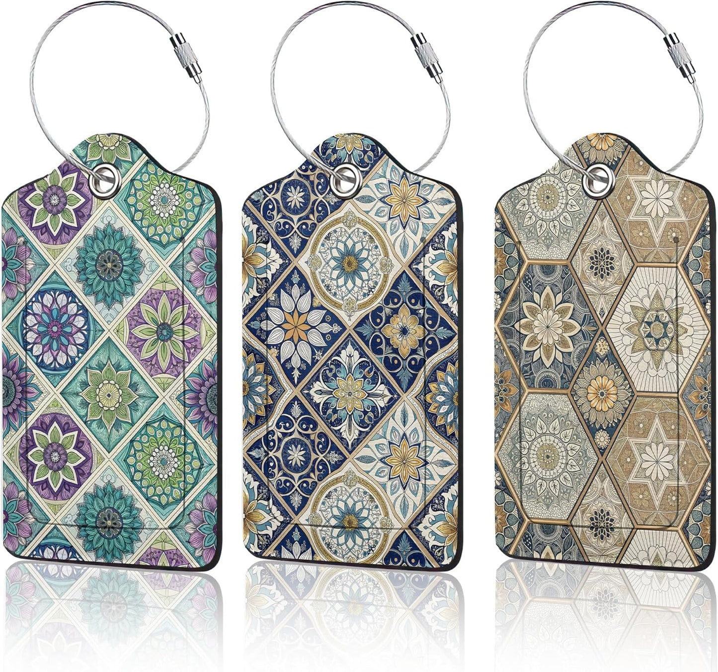 Vintage Mandala Floral Luggage Tag for Suitcase,Design with Privacy Flap Name ID Label Metal Loop, 3 Pack
