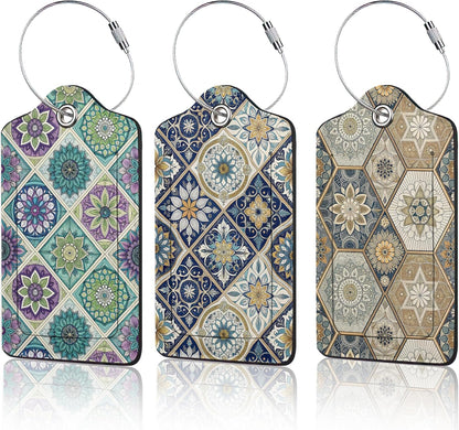 Vintage Mandala Floral Luggage Tag for Suitcase,Design with Privacy Flap Name ID Label Metal Loop, 3 Pack