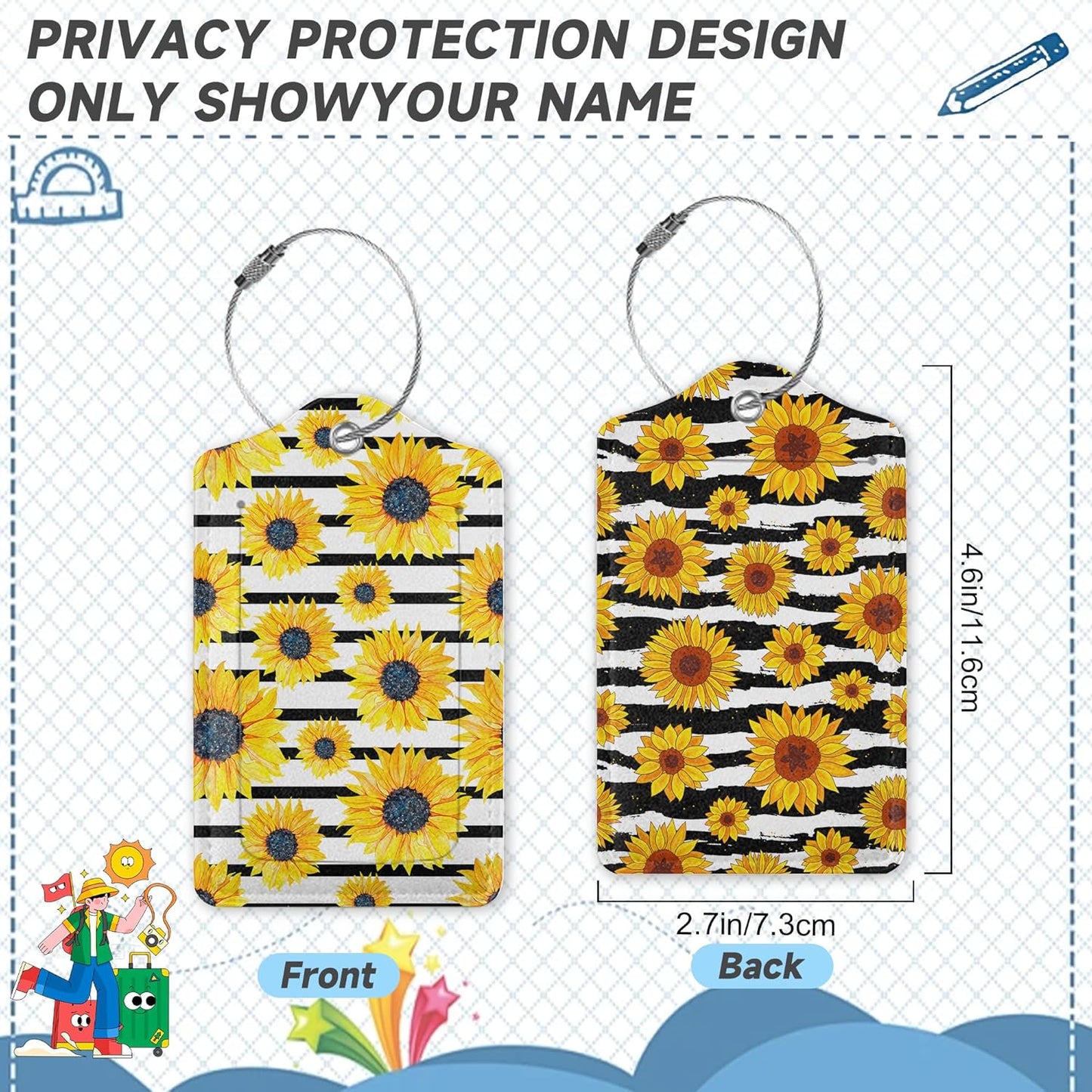 2 Pack Luggage Tag for Suitcase,Sunflowers Striped Leather Suitcase Tags Identifiers with Privacy Name Address Labels and Durable Steel Loop for Women Men Travel