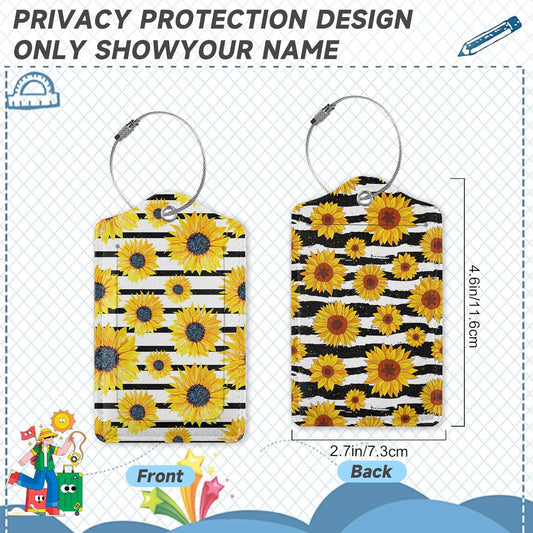 2 Pack Luggage Tag for Suitcase,Sunflowers Striped Leather Suitcase Tags Identifiers with Privacy Name Address Labels and Durable Steel Loop for Women Men Travel