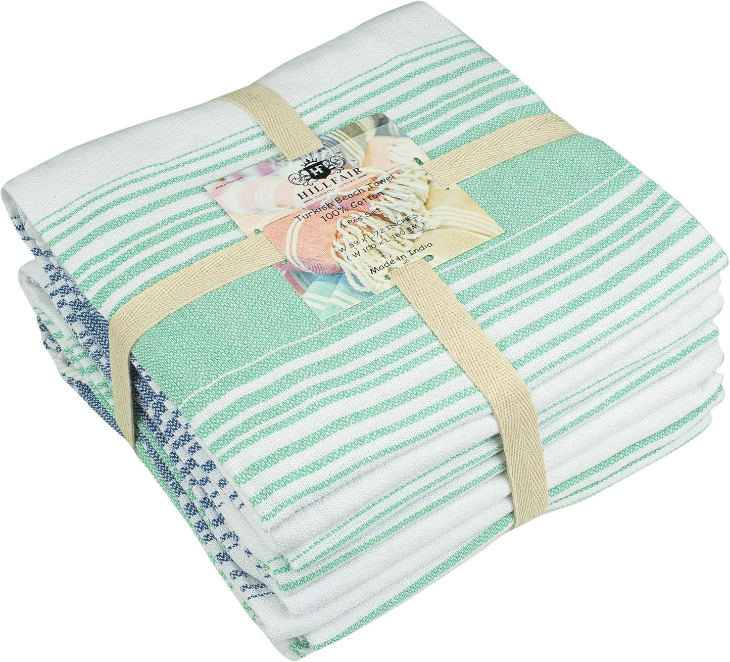 HILLFAIR Cotton Turkish Beach Towels, Quick Dry Lightweight Sand Free Peshtemal Towel for Bath Swim Yoga Spa Travel, Beach Accessories, Oversized Cotton Turkish Towels (39 x 72 inch- 4 Pack Mint Blue)