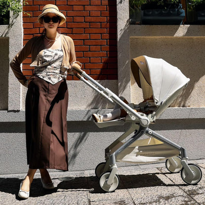 Hot Mom Baby Lightweight Stroller, Intelligent Seat Reversing，Double Brake and PU Anti-Shock Tire Combine Baby Pushchair, Newborn to Toddler's Baby Stroller, Brown