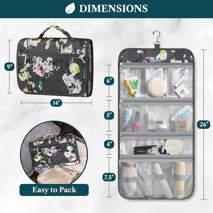 PAVILIA Hanging Toiletry Bag Women Men, Travel Kit Foldable Large Toiletries Organizer, Roll up Cosmetics Makeup Bag Accessories, Waterproof Essentials Jewelry Case (Floral Grey)