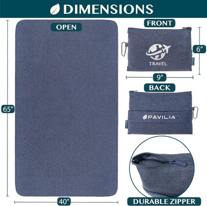 PAVILIA Travel Blanket Compact, Airplane Packable Bag, Soft Fleece Portable Throw Pillow Combo Set, Plane Flight Car Trips Essentials Gift Accessories, Luggage Backpack Clip, Navy Blue, 65 x 40 inch