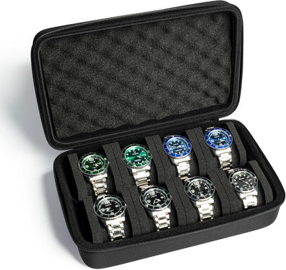 8 slots watch box, hard watch organizer case for men's women's watches, watch display organization holder with form-fitiing watch pillow