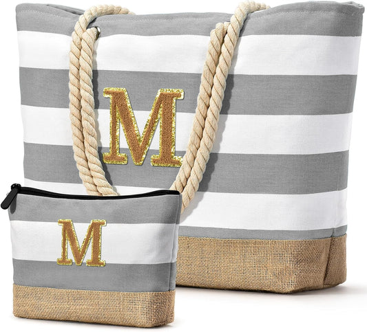 Becokan Beach Bag Initial Beach Tote with Makeup Bag for Travel Work Storage Personalized Birthday Gifts for Women Her