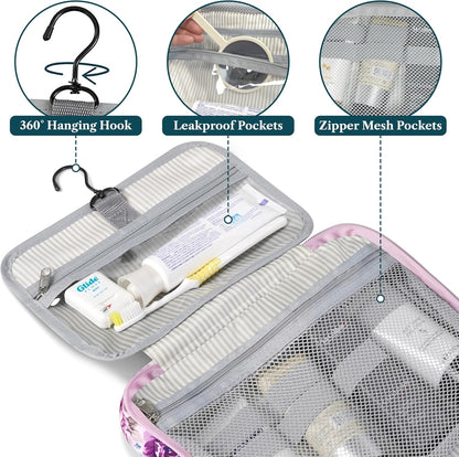 PAVILIA Hanging Toiletry Bag Travel Bag Women Men, Foldable Cosmetic Organizer, Roll up Makeup Bag, Water Resistant Accessories Toiletries, Large Travel Essentials Kit (Purple Floral)