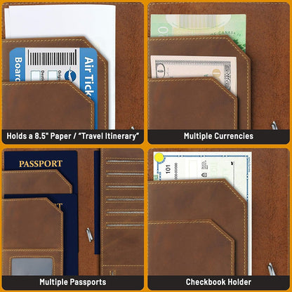 WANDERINGS Genuine Leather Passport Wallet - 4.25 x 9 - Large Leather Passport Holder for Travel - Folding Leather Travel Wallet Case with RFID Blocking, Travel Organizer for Men and Women