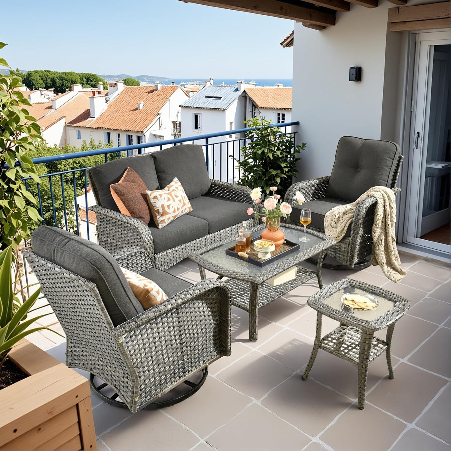 HOOOWOOO Patio Furniture Set,5 Pieces Outdoor Conversation Set,All Weather Wicker Loveseat Sofa Set with High Back Swivel Rocking Chairs Tables,Black