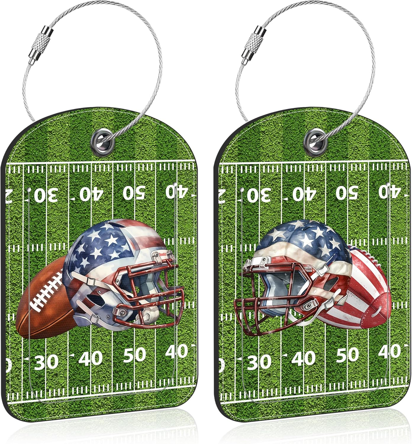 2 PCS Leather Luggage Tag for Suitcase Football and Helmet Travel Suitcase Labels with Privacy Name ID Label and Stainless Steel Loop for Adults Teens Travel Bag Labels Set