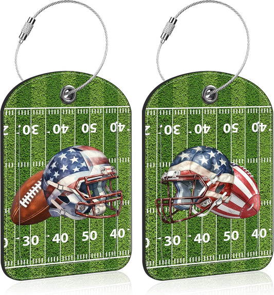 2 PCS Leather Luggage Tag for Suitcase Football and Helmet Travel Suitcase Labels with Privacy Name ID Label and Stainless Steel Loop for Adults Teens Travel Bag Labels Set
