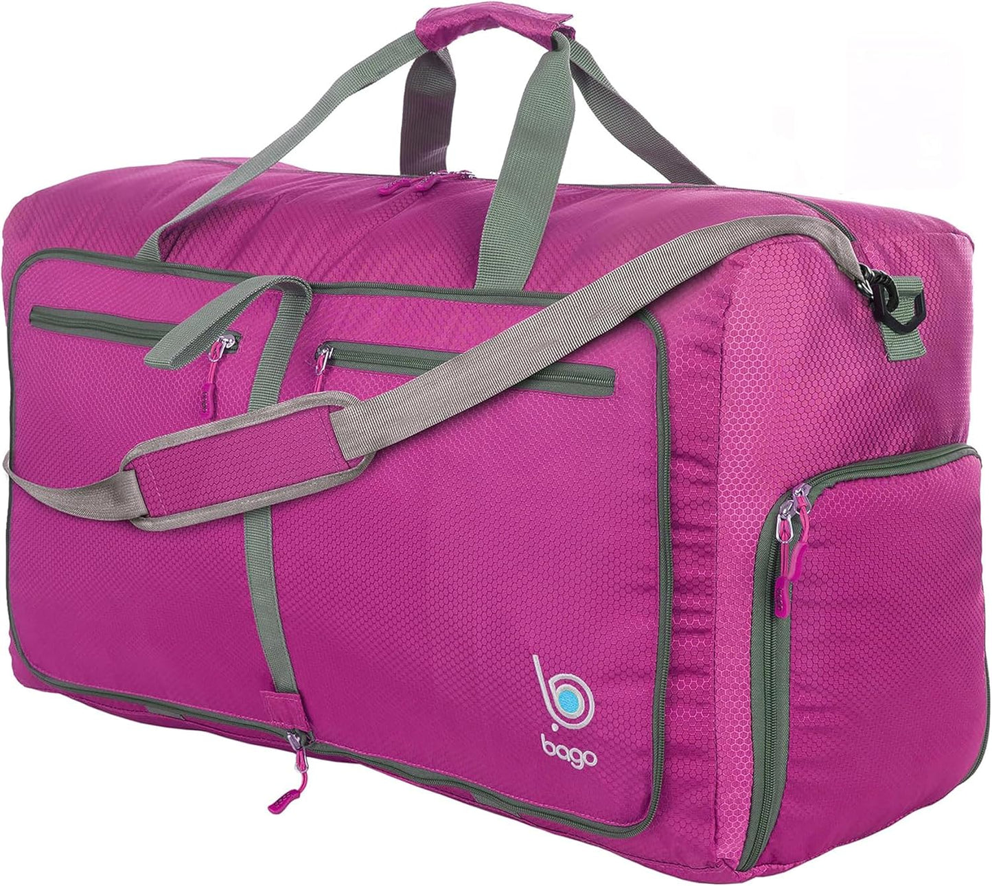 Bago Large Foldable Duffel Bags for Traveling Women & Men - 80L Packable Duffle Bag for Travel with Shoe Compartment - Water Repellant, Heavy Duty, Lightweight Folding & Collapsible (Pink)