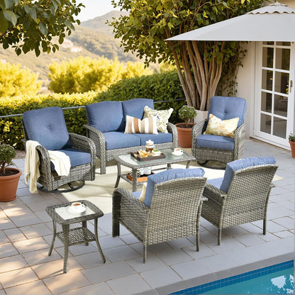 HOOOWOOO Patio Furniture Set,7 Pieces Outdoor Conversation Set,All Weather Wicker Loveseat Sofa Set with High Back Swivel Rocking Chairs Tables,Denim Blue