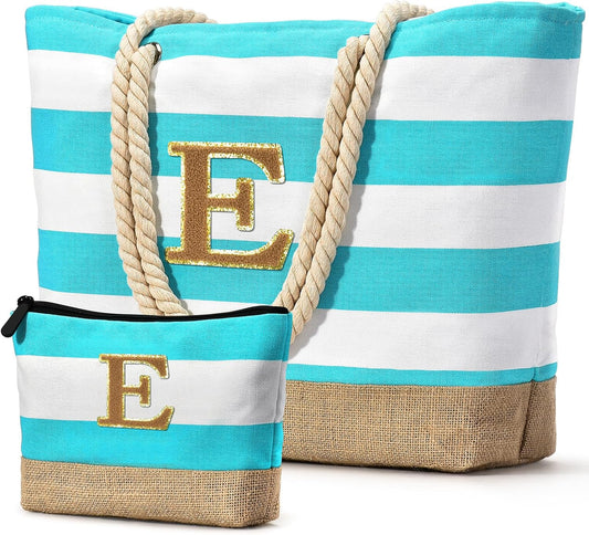 Becokan Beach Bag Initial Beach Tote with Makeup Bag for Travel Work Storage Personalized Birthday Gifts for Women Her