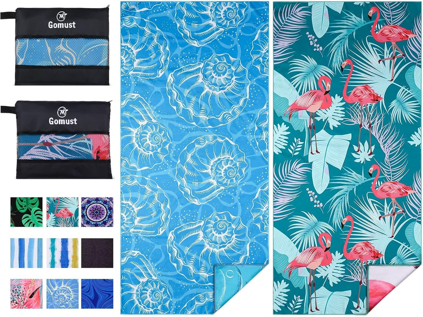 2 Pack Lightweight Thin Beach Towel Oversized 71"x32" Big Extra Large Microfiber Sand Free Towels for Adult Quick Dry Travel Camping Beach Accessories Vacation Essential Gift Blue Shell Flamingo