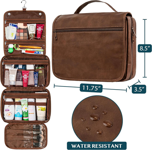 PAVILIA Hanging Toiletry Bag Women Men, Foldable Cosmetic Organizer Travel Bag, Water Resistant Makeup Bag Toiletries, Large Travel Essentials Kit (Dark Brown)