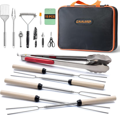 Camping Cooking Utensils Set Grilling Cookware Camp Kitchen Rotating Marshmallow Roasting Sticks BBQ Forks, Portable RV Camping Essentials Camper Must Haves for Cookouts Open Fire Pit