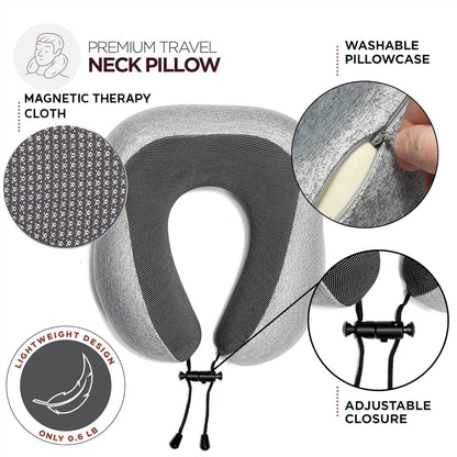 Airplane Neck Pillow Includes Travel Pillow + Airplane Phone Holder Mount + Eye Masks + Foot Hammock + Earplugs for Travel, 100% Pure Memory Foam Travel Pillow, 6 Pc Travel Kit