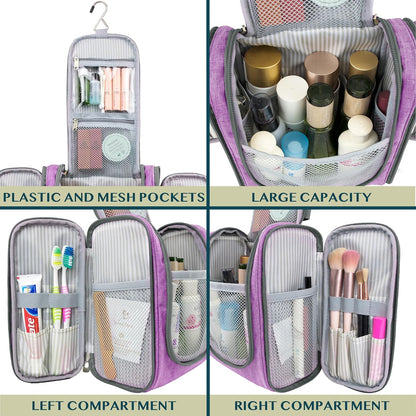 PAVILIA Toiletry Bag Travel Bag for Women Men, Hanging Cosmetic Organizer, Water Resistant Makeup Bag for Accessories Toiletries, Large Travel Essentials Kit (Purple)