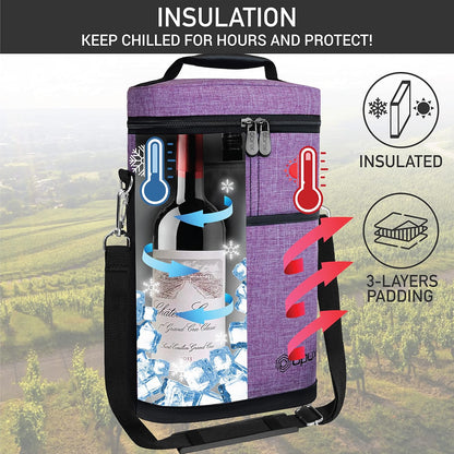 opux 2 Bottle Wine Carrier Tote, Insulated Leakproof Wine Cooler Bag, Wine Travel Bag for Picnic BYOB Beach, Portable Wine Bottle Carrying Case, Gift for Wine Lover Women Men Christmas, Purple