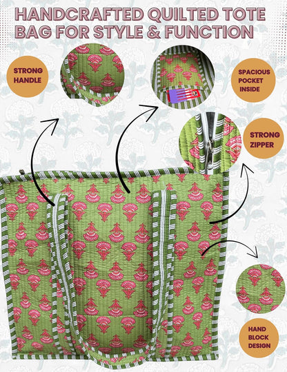 Cotton Quilted Tote Bag for Women – Large Beach & Travel Tote with Zipper, Reusable Grocery Bag