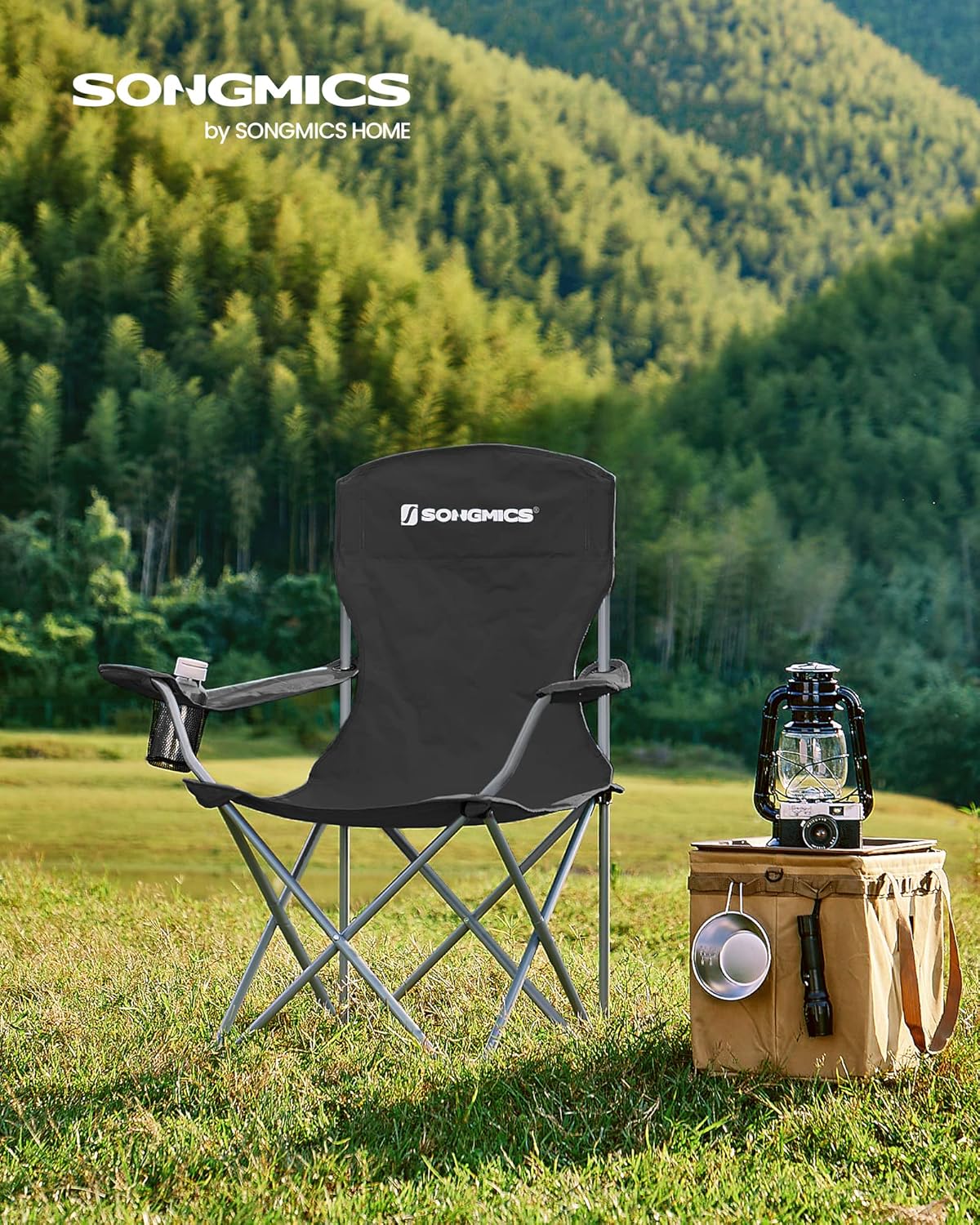 SONGMICS 2 Pack Folding Camping Chairs, Load 330 lb, Cup Holder and High Backrest, Heavy-Duty Structure, for Lawn, Garden, Fishing, Terrace