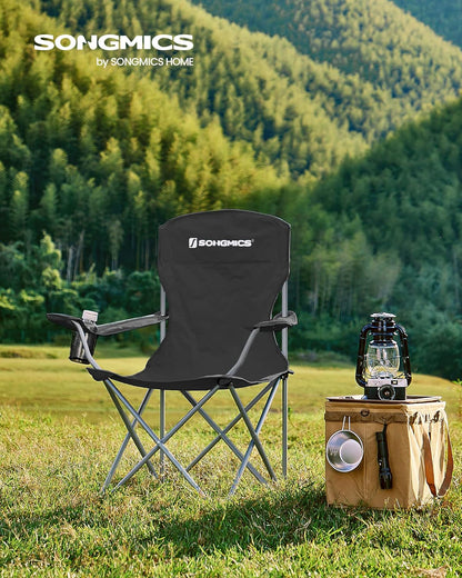 SONGMICS 2 Pack Folding Camping Chairs, Load 330 lb, Cup Holder and High Backrest, Heavy-Duty Structure, for Lawn, Garden, Fishing, Terrace